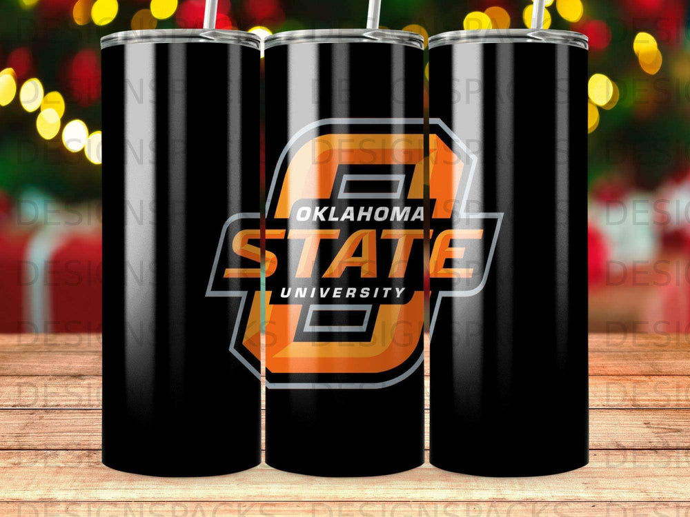Black tumbler with Oklahoma State University logo.