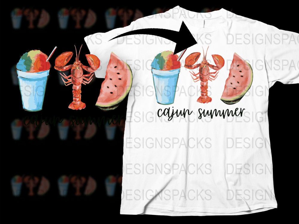 Cajun Summer T-Shirt, Watermelon and Lobster Print, Beach Party Graphic Tee, Vibrant Casual Top