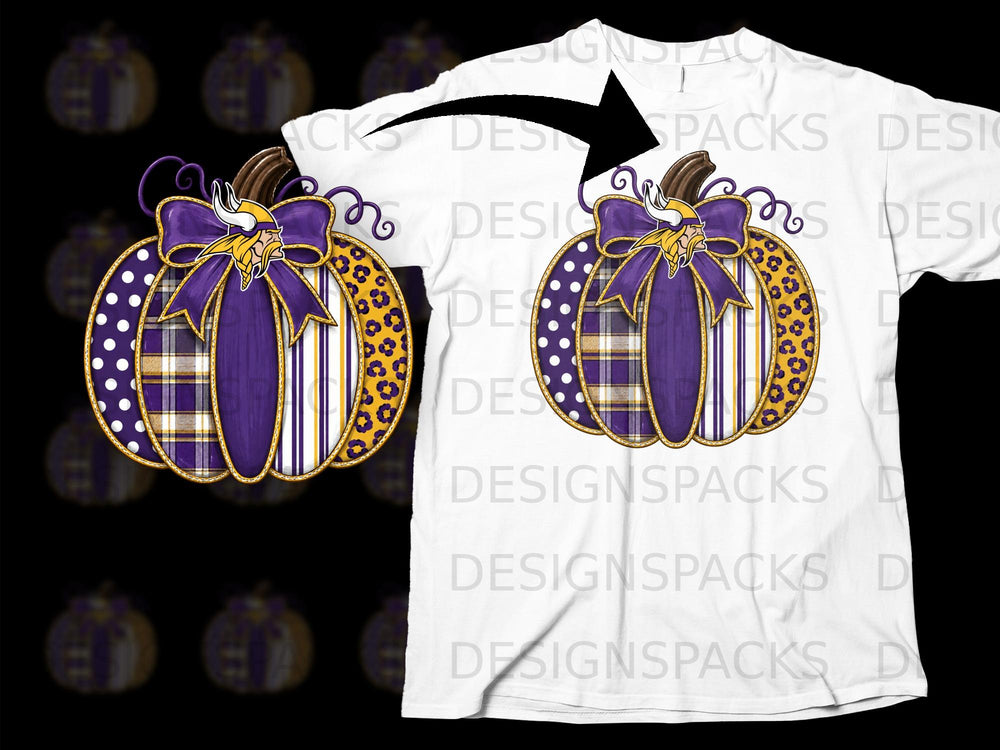 Pumpkin design with Vikings logo and purple, gold, and plaid patterns.