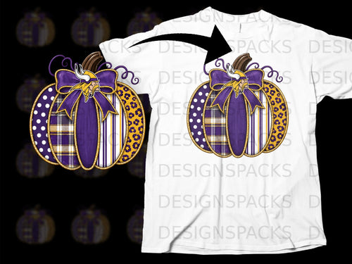Pumpkin design with Vikings logo and purple, gold, and plaid patterns.
