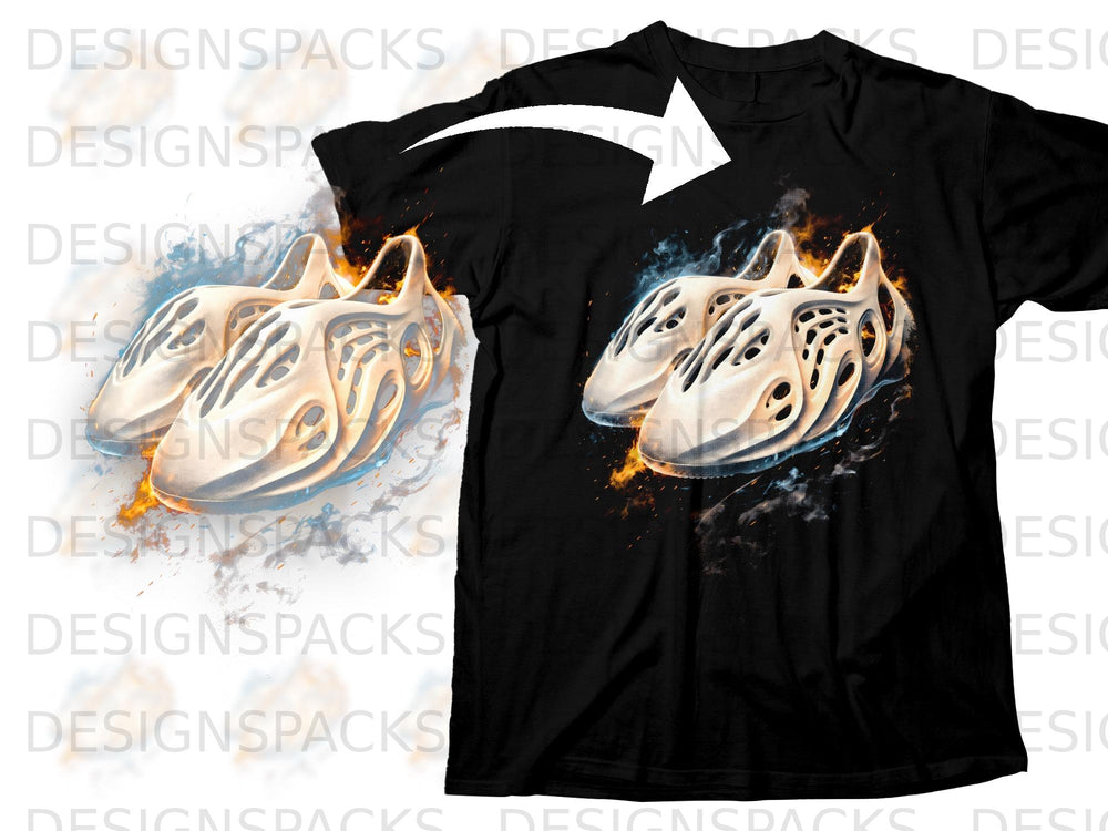 Black t-shirt with a graphic of foam runner shoes with fire and smoke.
