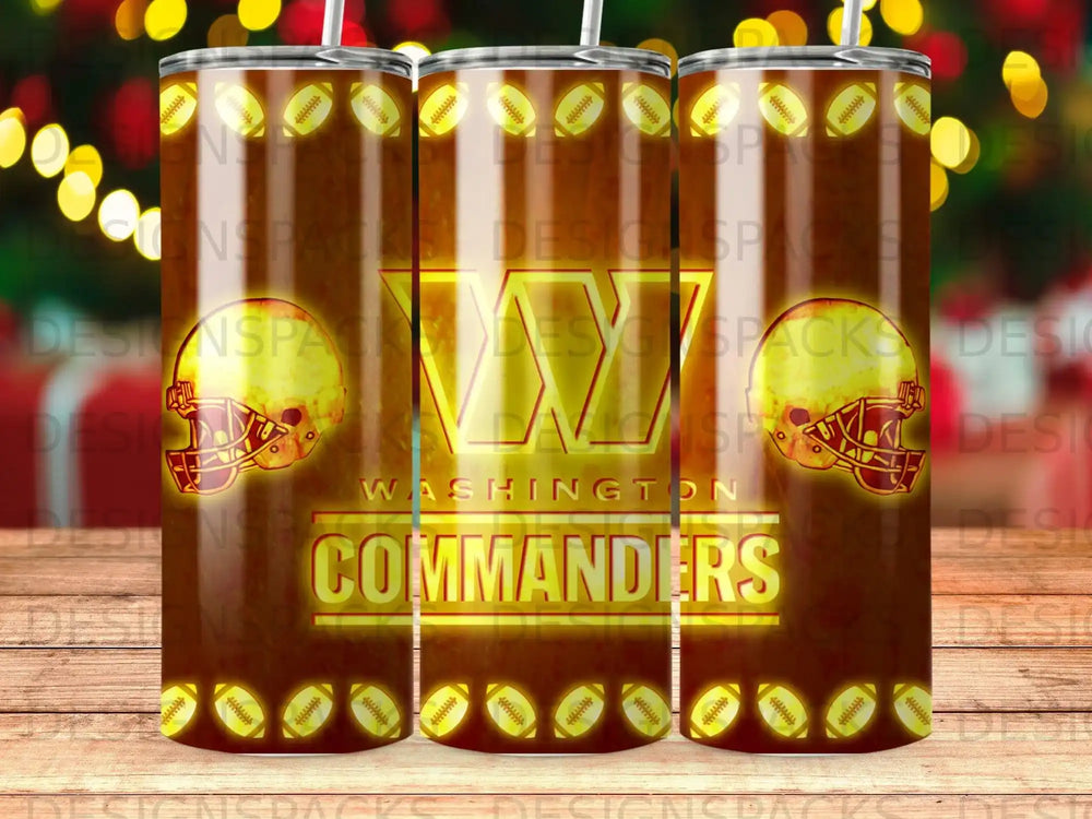 Washington Commanders logo on a tumbler with football and bokeh lights background.
