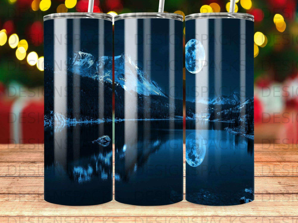 Mountain reflection in a lake on a blue tumbler wrap.