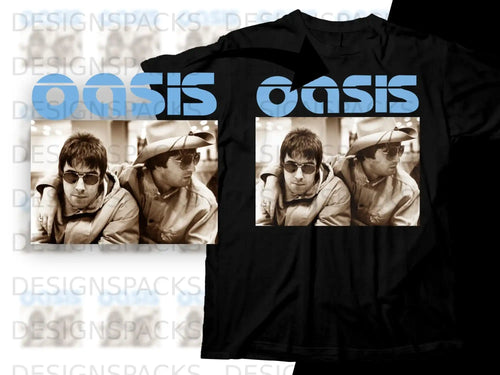 Black t-shirt featuring a split image of Liam and Noel Gallagher, titled 