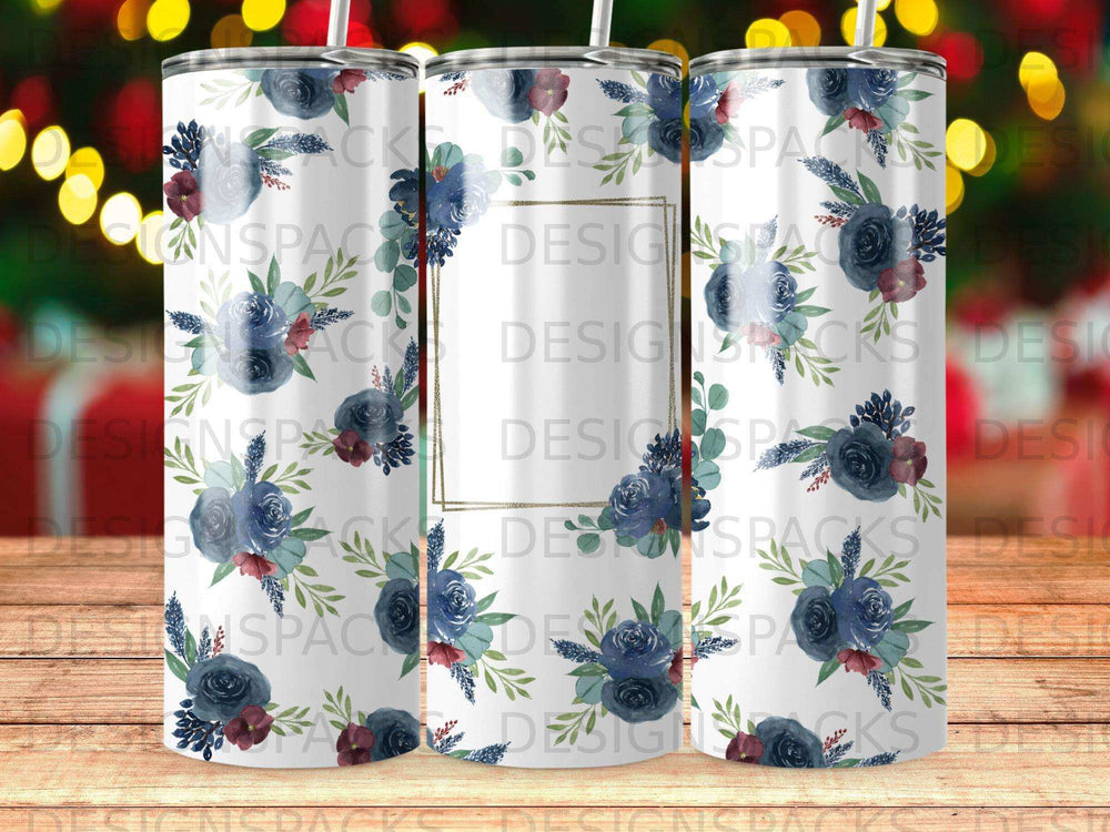 Tumbler with blue floral pattern and gold rectangle frame.