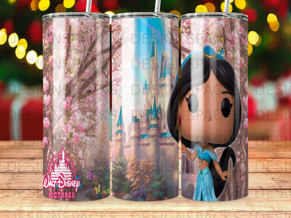 Disney Princess Jasmine with Cinderella Castle on a patterned tumbler.