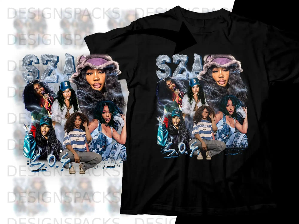 T-shirt featuring SZA with a collage of her images and "GUESS" logo.