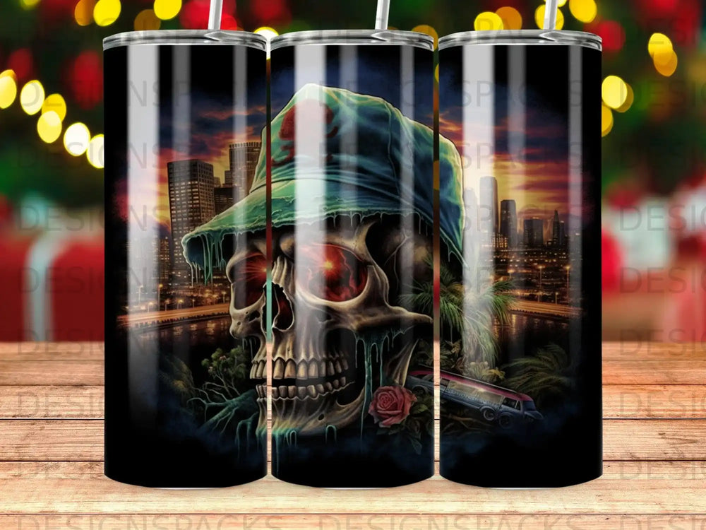Skull with red eyes and green hat against city skyline at dusk.