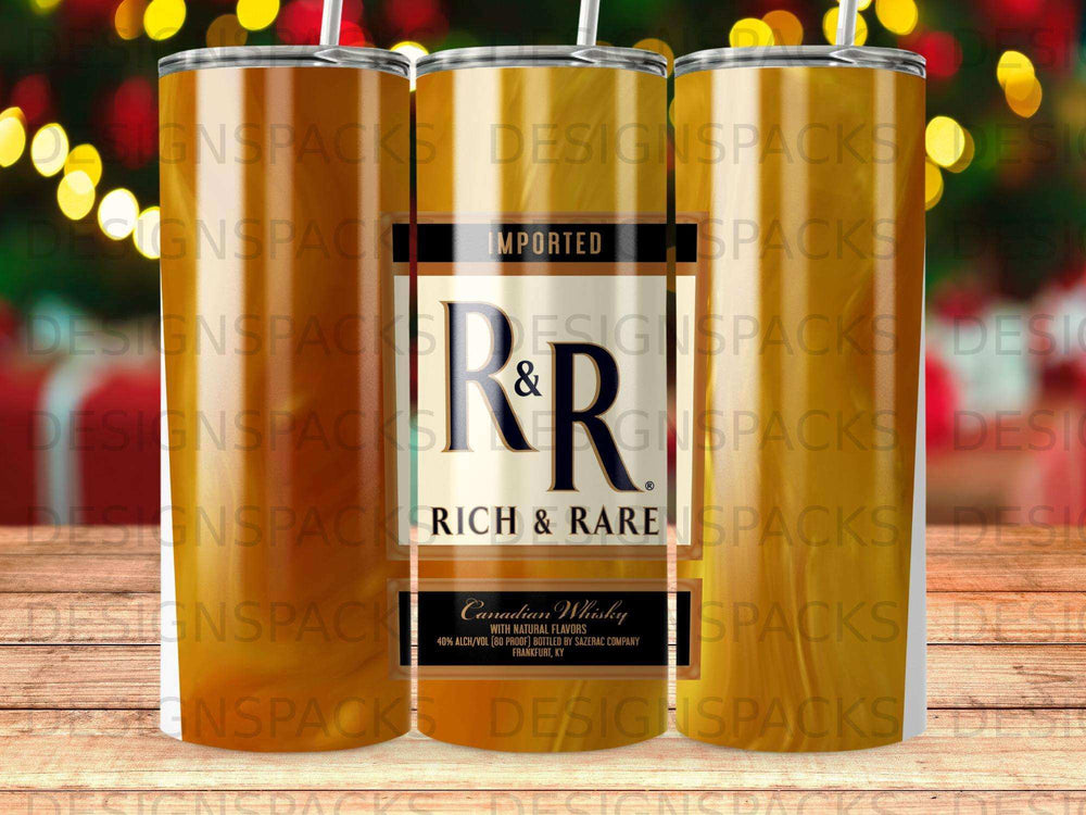 Rich & Rare Canadian Whisky bottle with R&R logo.