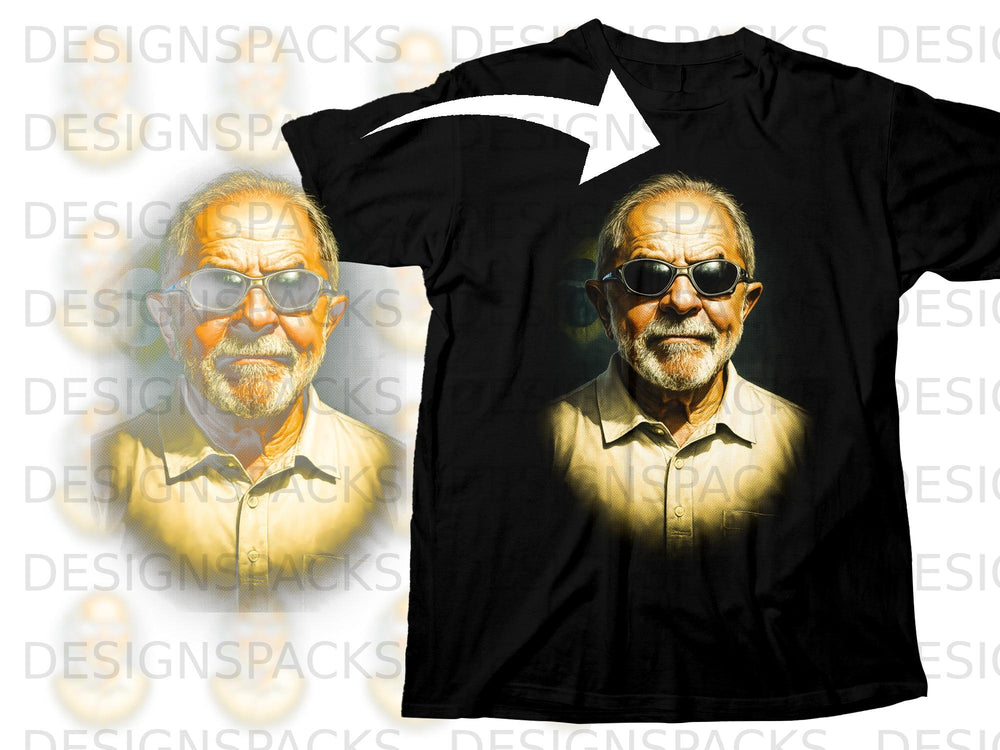 Black t-shirt with a portrait of an older man with sunglasses.