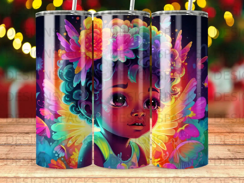 Child with colorful butterfly wings and floral headdress, looking to the side.
