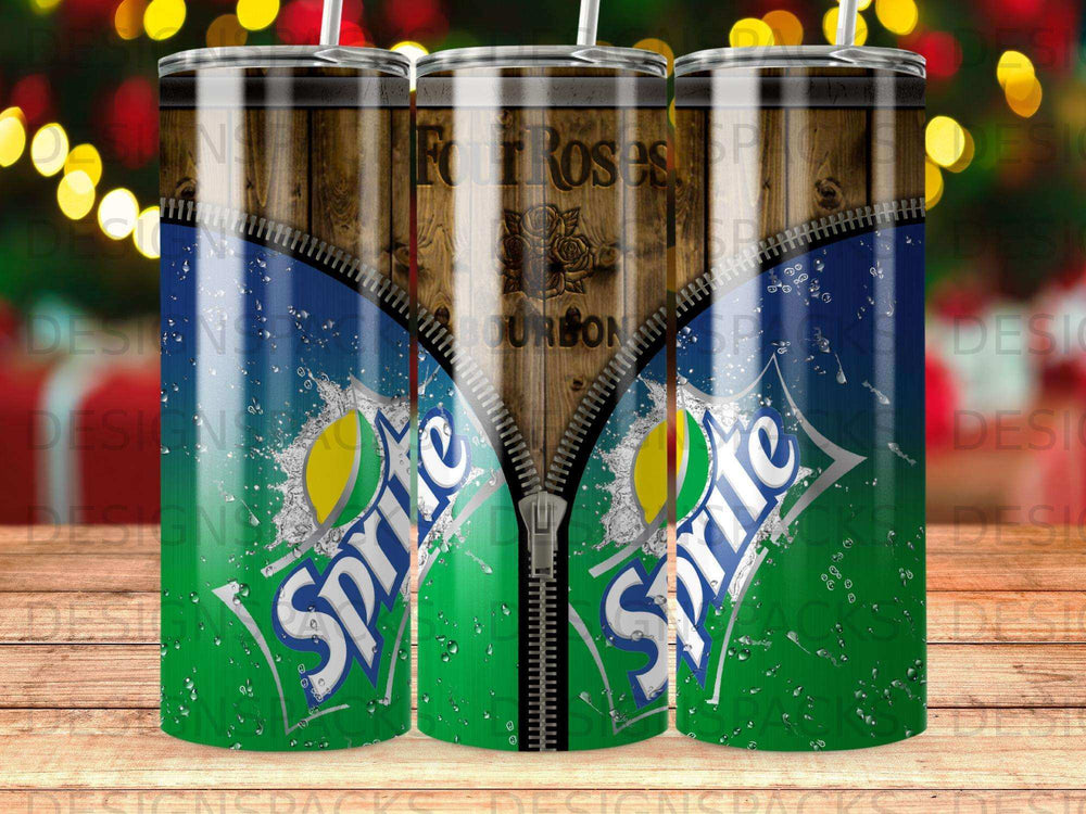 Three tumblers with a zipper revealing Bourbon and Sprite branding.