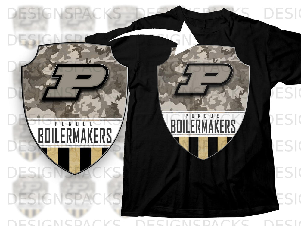 Black t-shirt with Purdue Boilermakers logo on camouflage background.