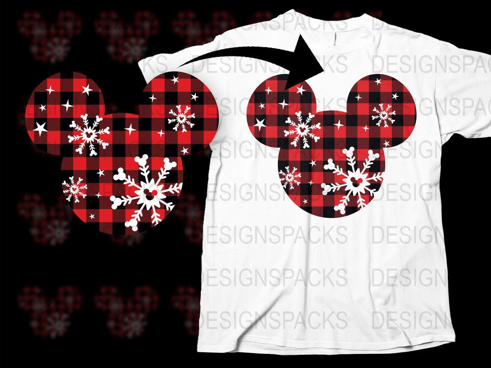 Disney Inspired Christmas T-Shirt, Red Plaid Mickey Mouse Pattern, Holiday Snowflake Tee for Family