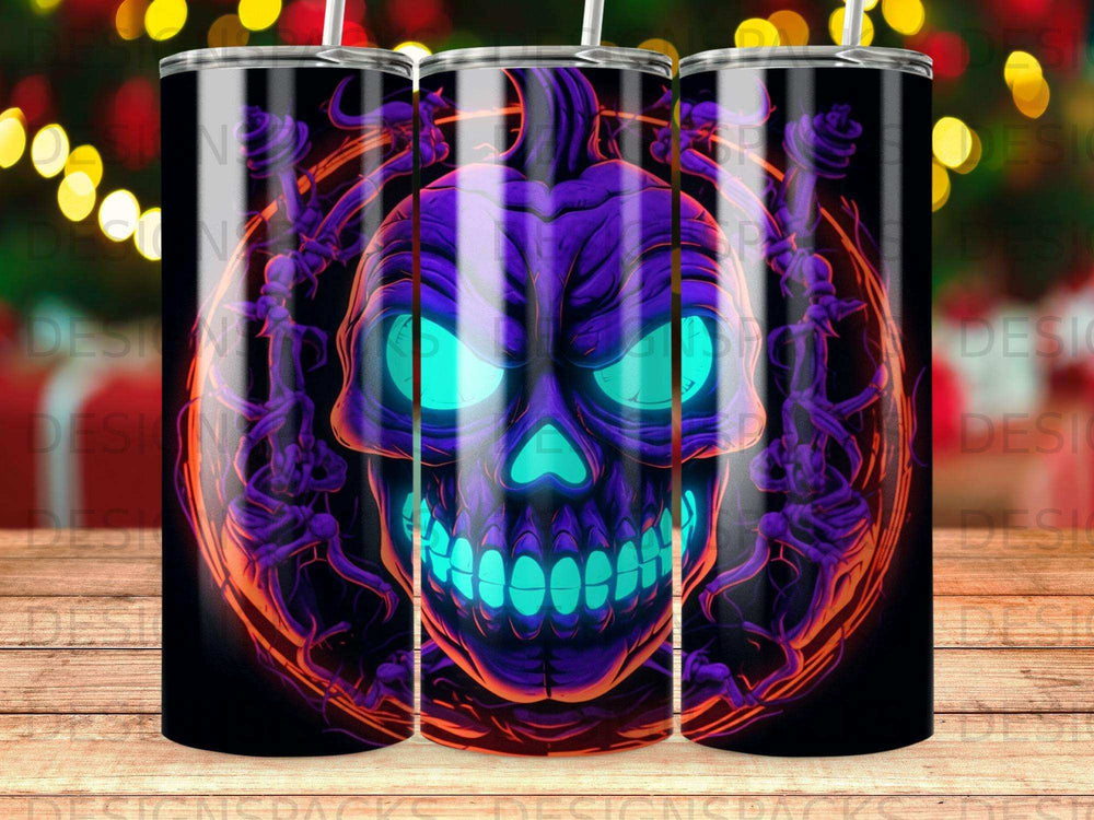 Glowing purple skull with pumpkin face and flames on black background.