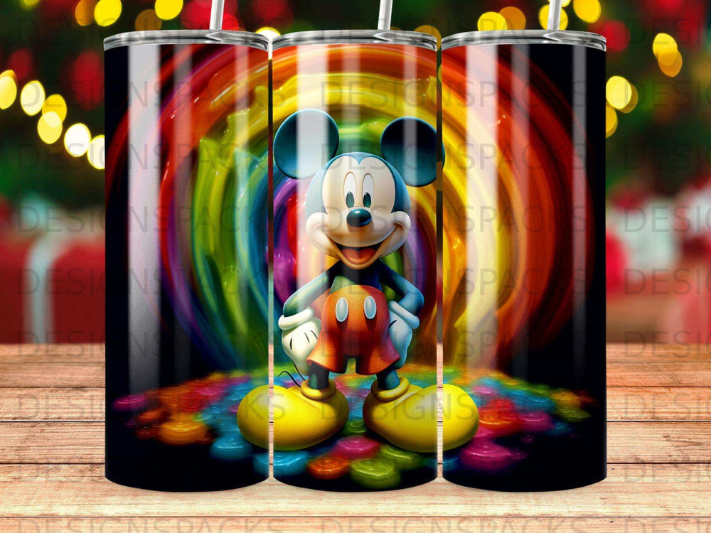 Mickey Mouse standing in front of a colorful rainbow swirl and colorful dots.