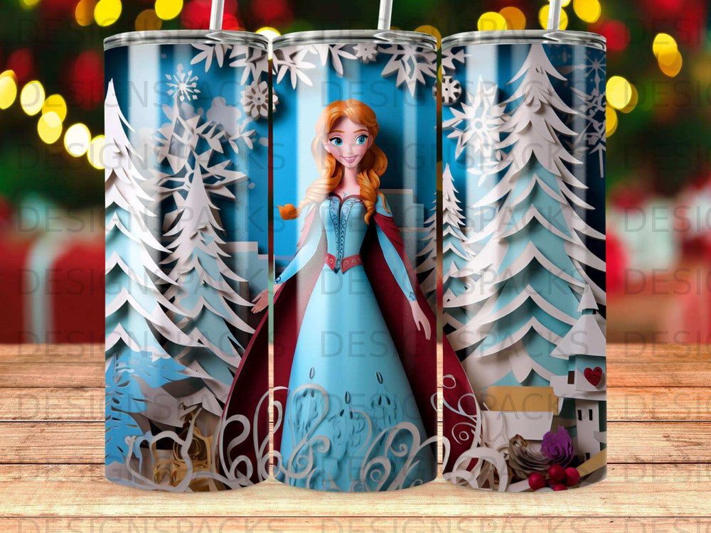 Elsa from Frozen with snow, trees, and snowflakes.