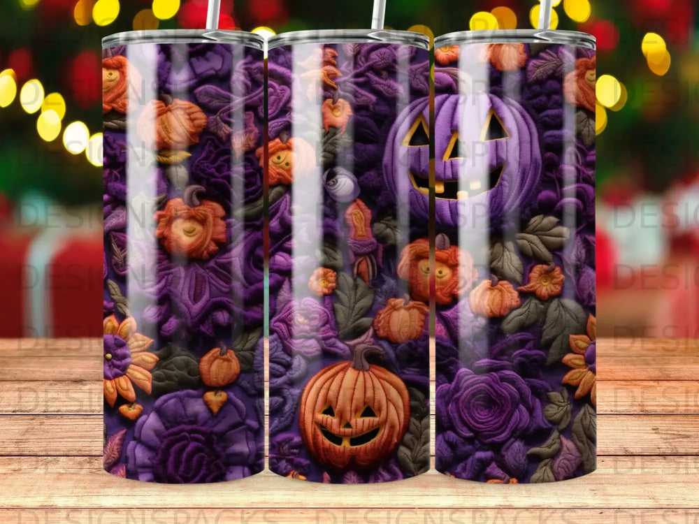 Halloween tumbler with jack-o'-lanterns and floral accents.