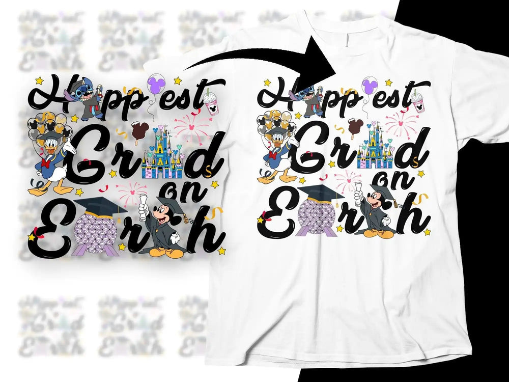 Disney graduation design with Mickey, Stitch, Donald, castle, and Epcot ball for DTF/DTG print-ready SVG