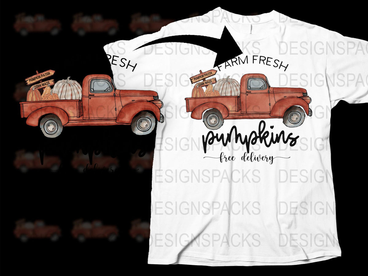 Vintage Red Truck T-Shirt, Farm Fresh Pumpkins Print, Autumn Harvest Tee, Free Delivery Graphic Shirt for Fall Season