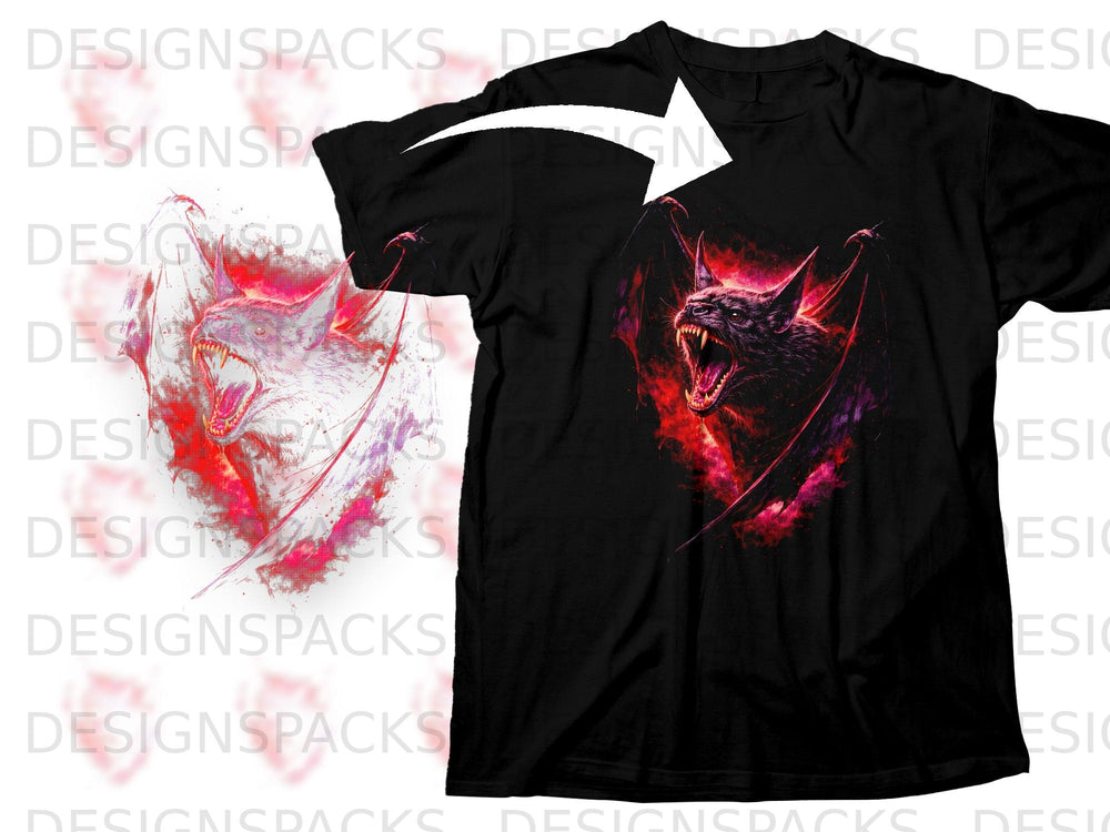 Black t-shirt with a roaring, fanged bat graphic in red and purple.