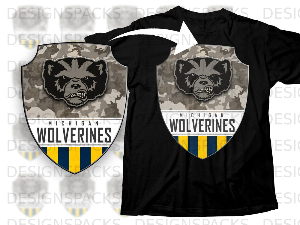 Black t-shirt with Michigan Wolverines badger logo and camouflage shield design.