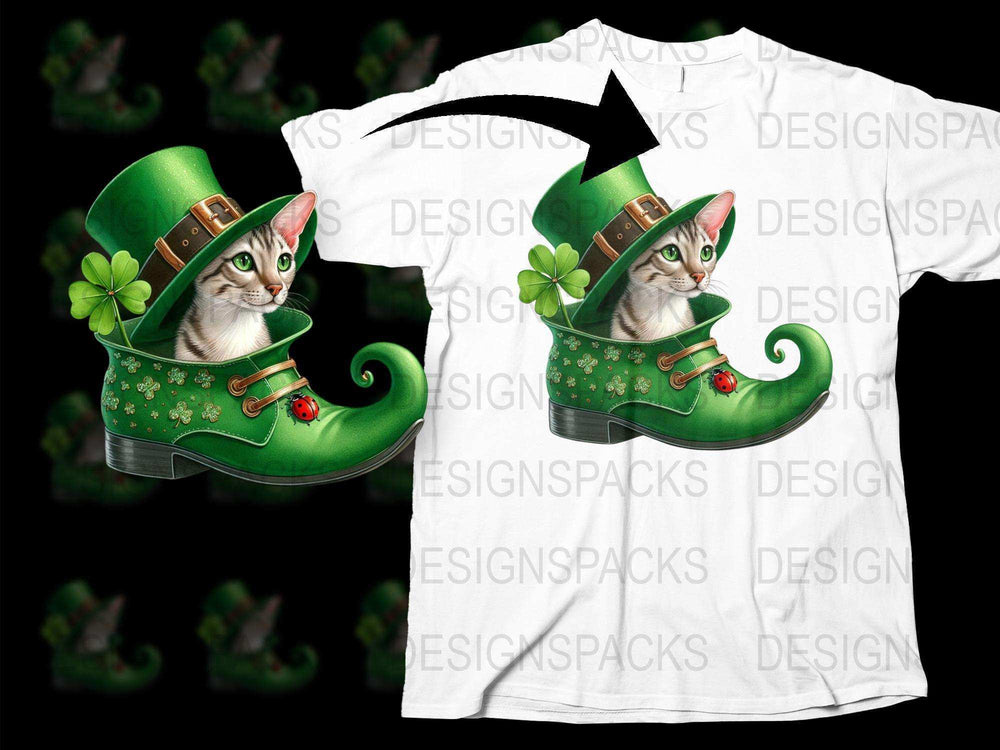 St. Patrick's Day Cat in Green Shoe T-Shirt, Cute Kitten Graphic Tee, Irish Festival Clothing, Unisex Adult Sizes