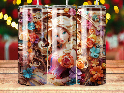 Woman with blonde hair and colorful flowers on a tumbler.