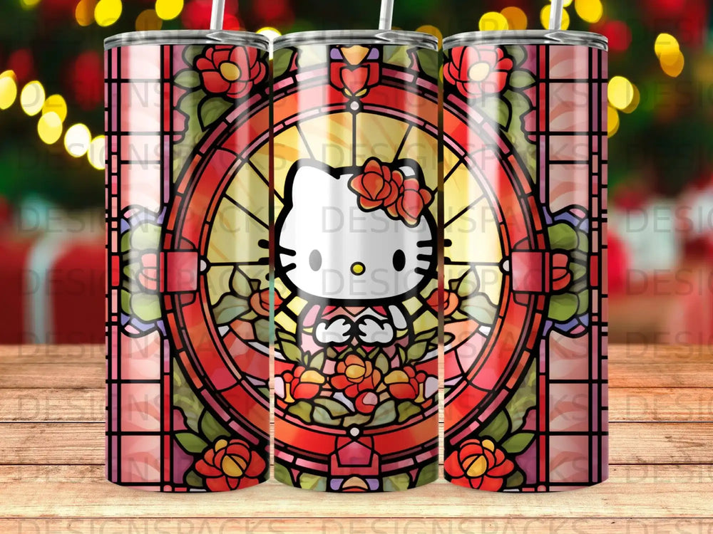 Hello Kitty in stained glass with floral accents and a red border.