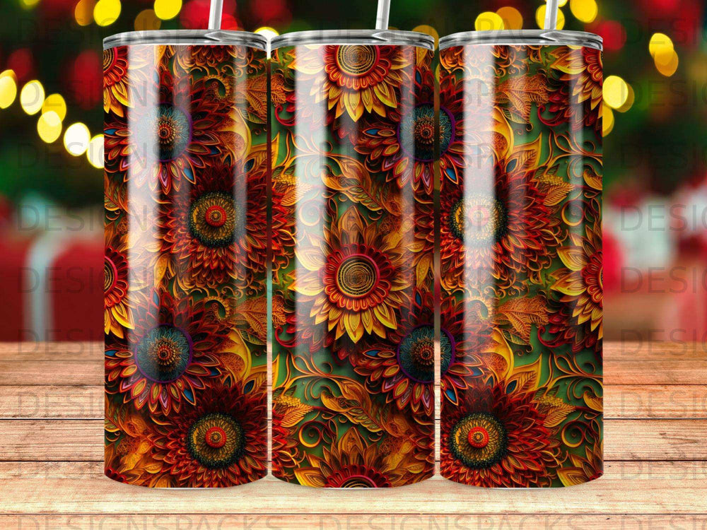 Sunflower pattern on three seamless tumblers with bokeh lights in background.