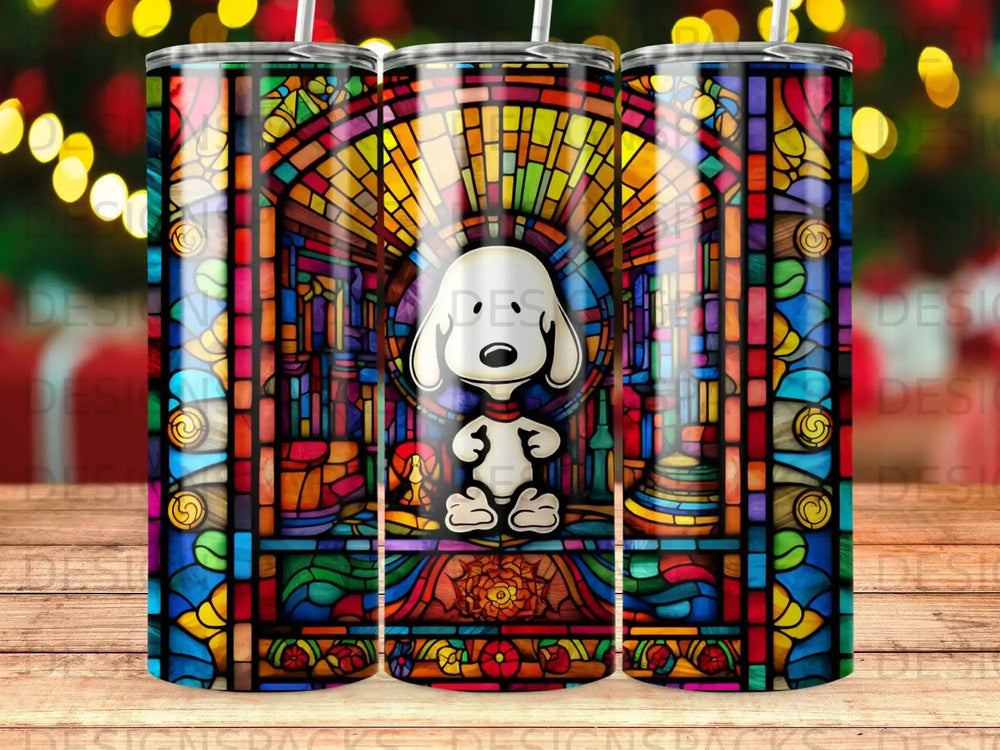 Snoopy sitting in front of a stained glass window with a festive background.