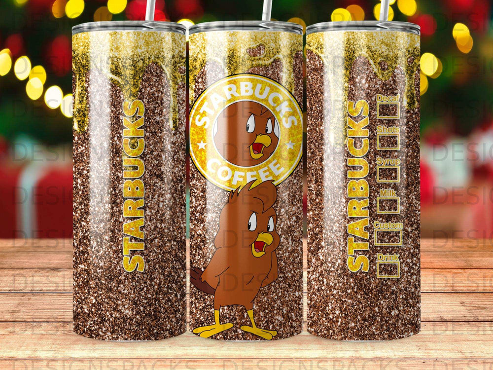 Starbucks tumbler with animated bird character and coffee menu labels.