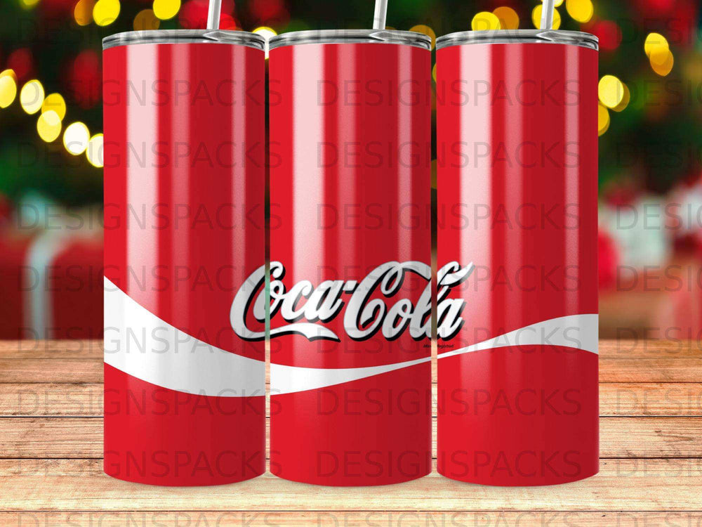 Coca-Cola tumbler with red background and white Coca-Cola logo.