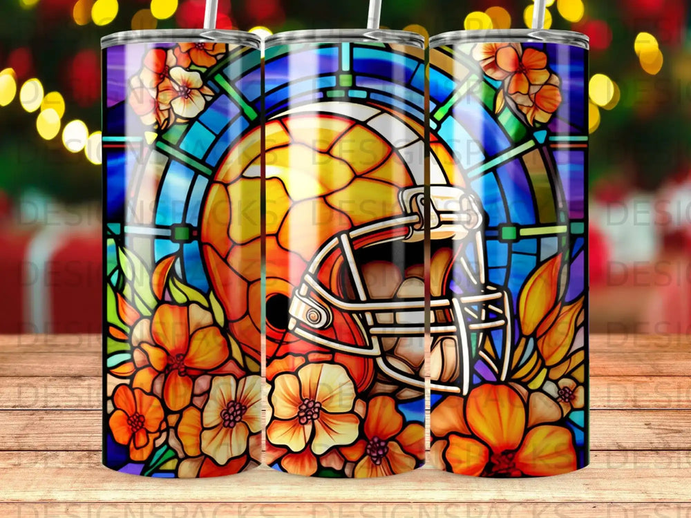 Football helmet with stained glass pattern and orange flowers.