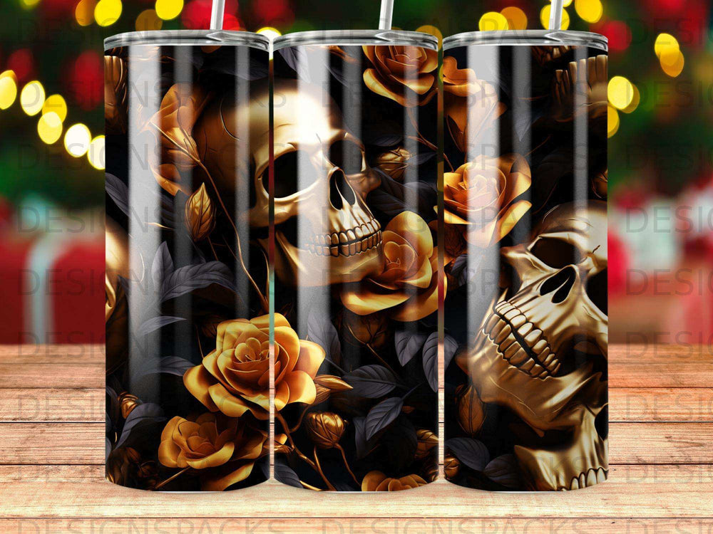 Golden skulls and dark roses pattern on a tumbler.