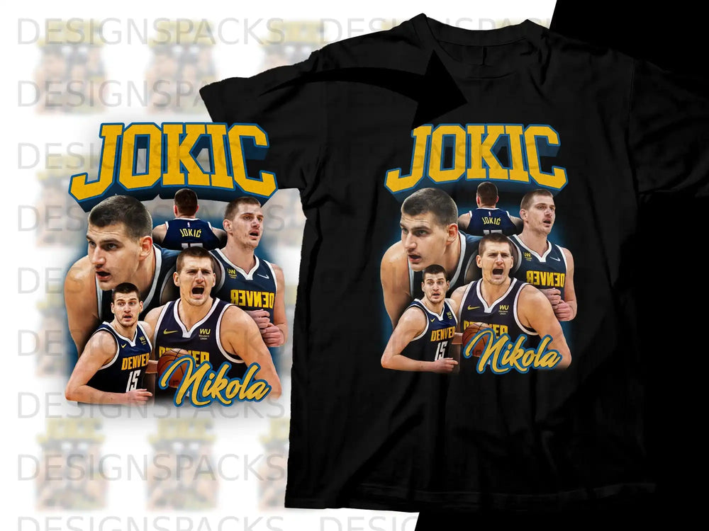 Nikola Jokic Denver Nuggets t-shirt with multiple player images and text.