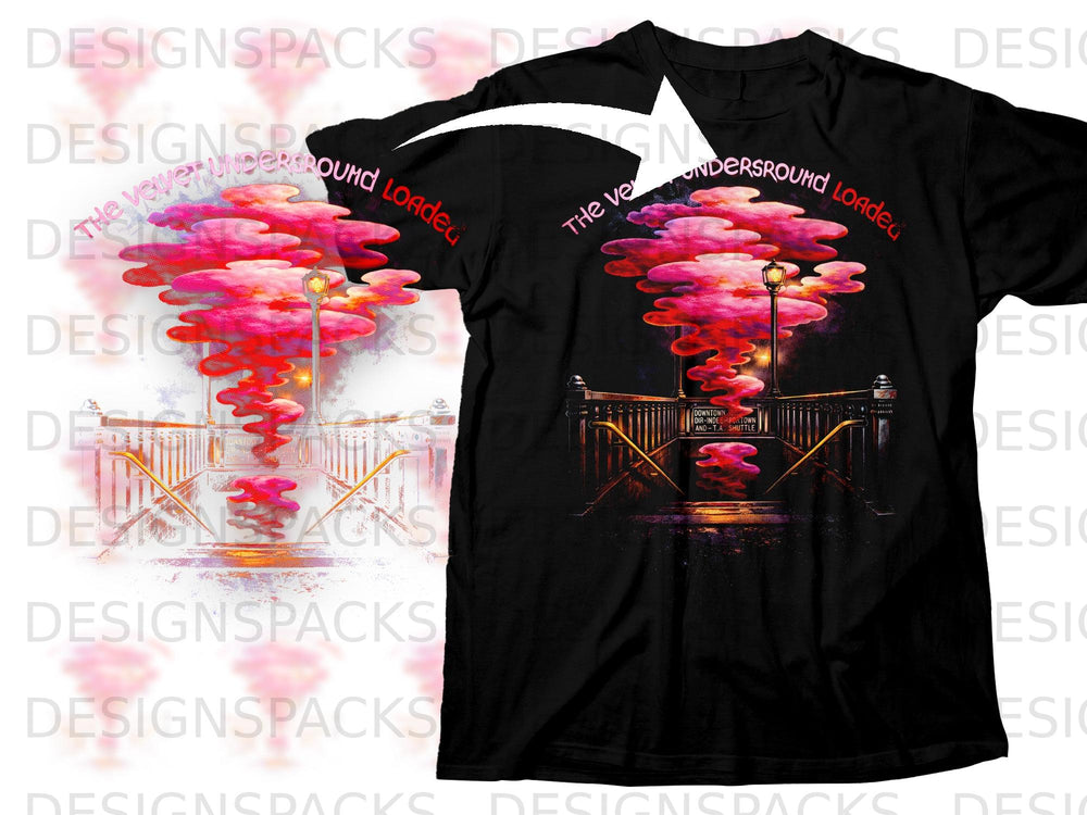 Black t-shirt with "The Velvet Underground Loaded" text and subway entrance with pink clouds.