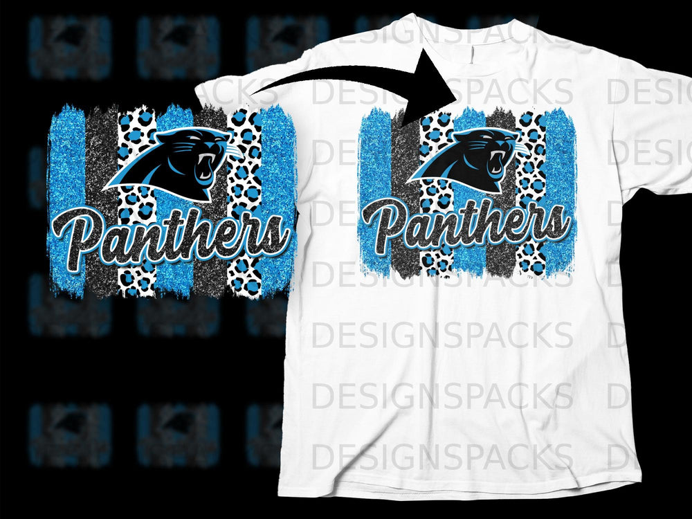 Carolina Panthers logo with leopard print and blue and black glitter stripes on a white shirt.