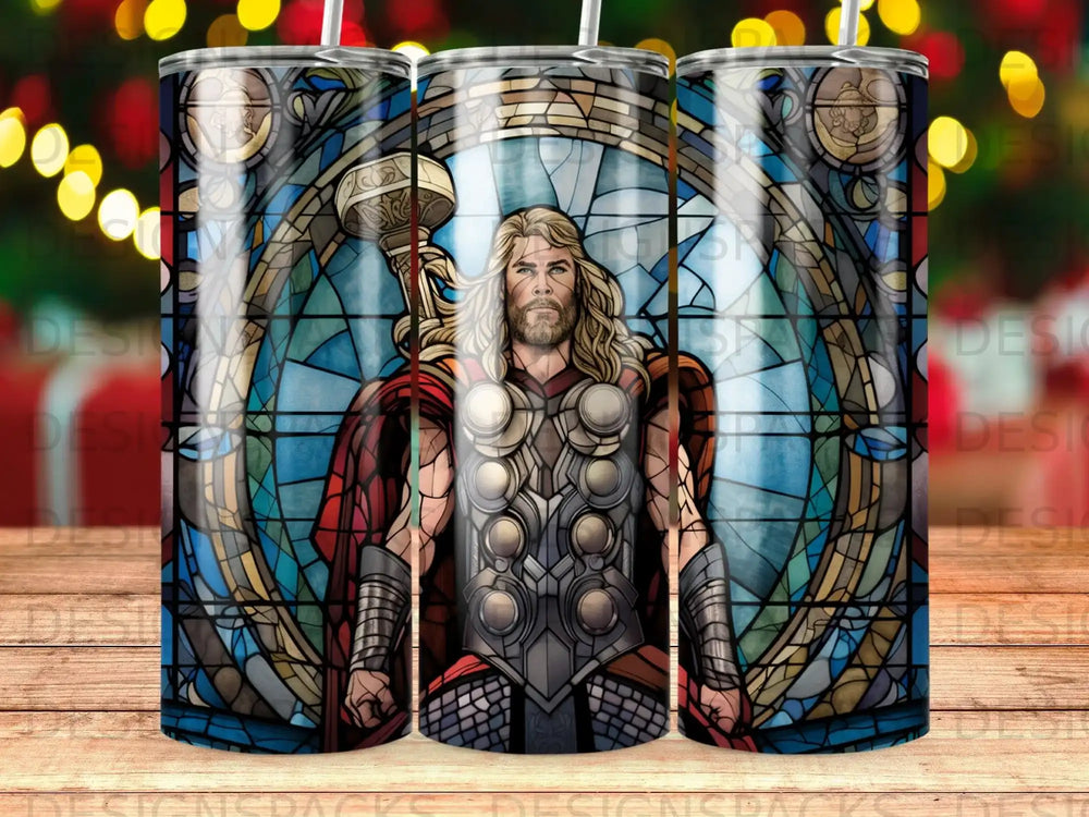 Thor holding Mjolnir in a stained-glass style on a tumbler.