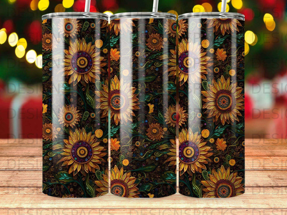 Sunflower pattern on a dark background with colorful accents.