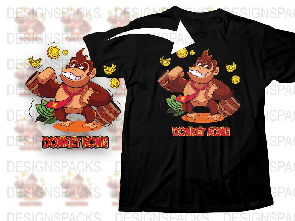 Donkey Kong Inspired Graphic T-Shirt, Classic Video Game Character Design, Unisex Black Tee, Retro Gaming Apparel, Nintendo Fan Gift