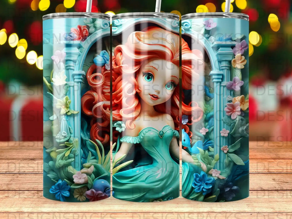 Fantasy character with red hair and blue dress in floral setting.