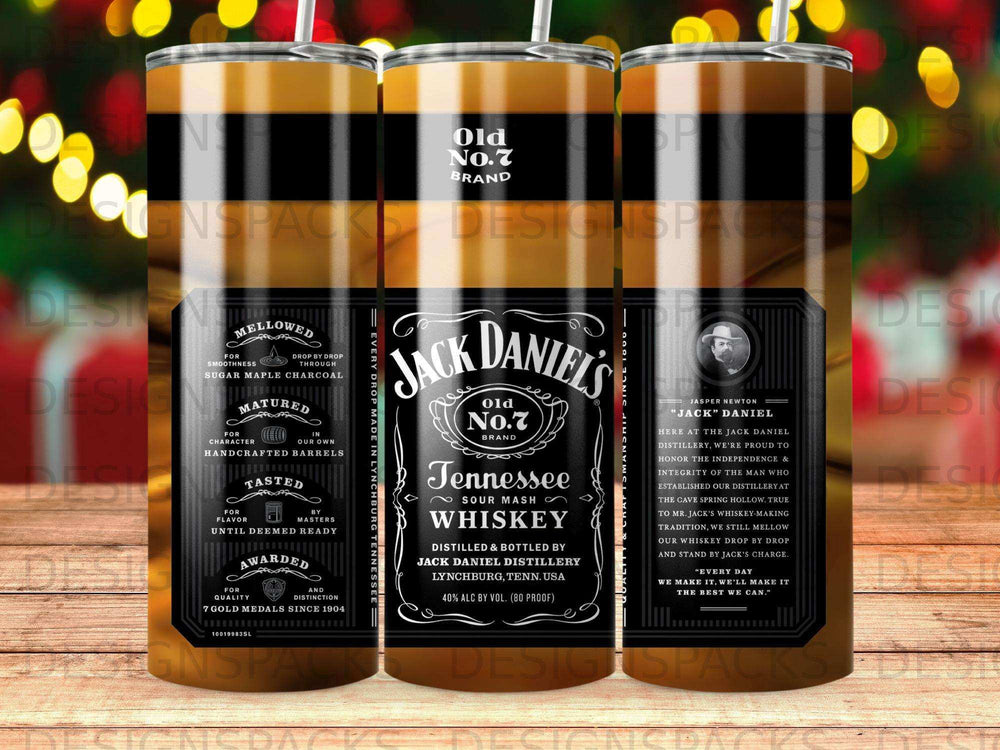 Jack Daniel's Old No. 7 Tennessee Sour Mash Whiskey tumbler with brand details.