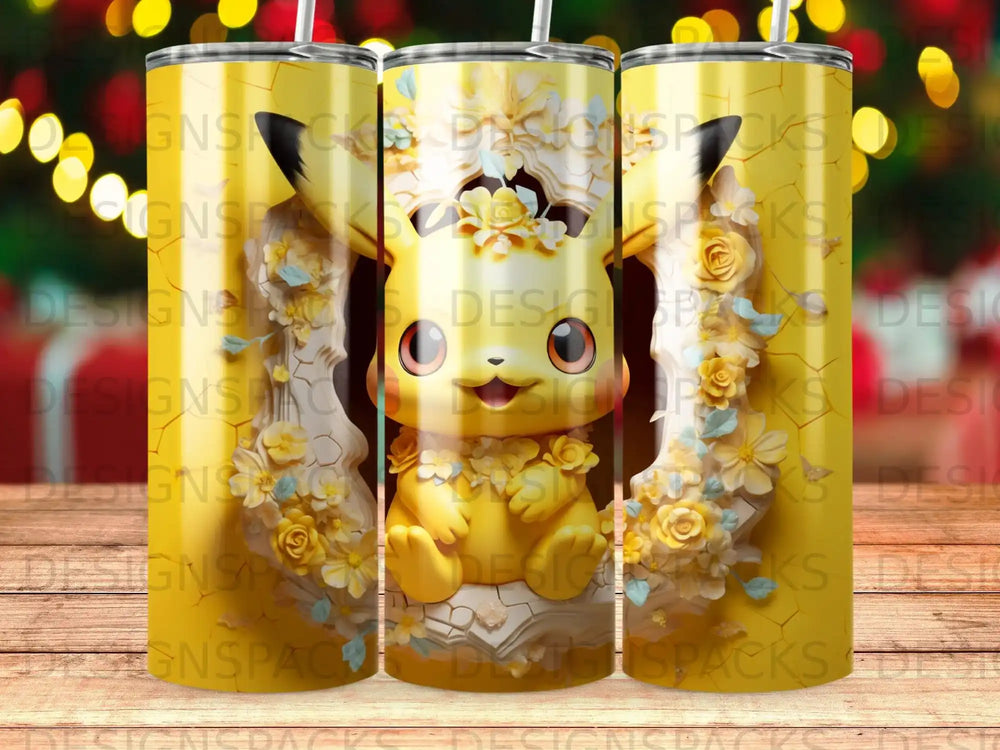 Pikachu character surrounded by floral elements on a tumbler.