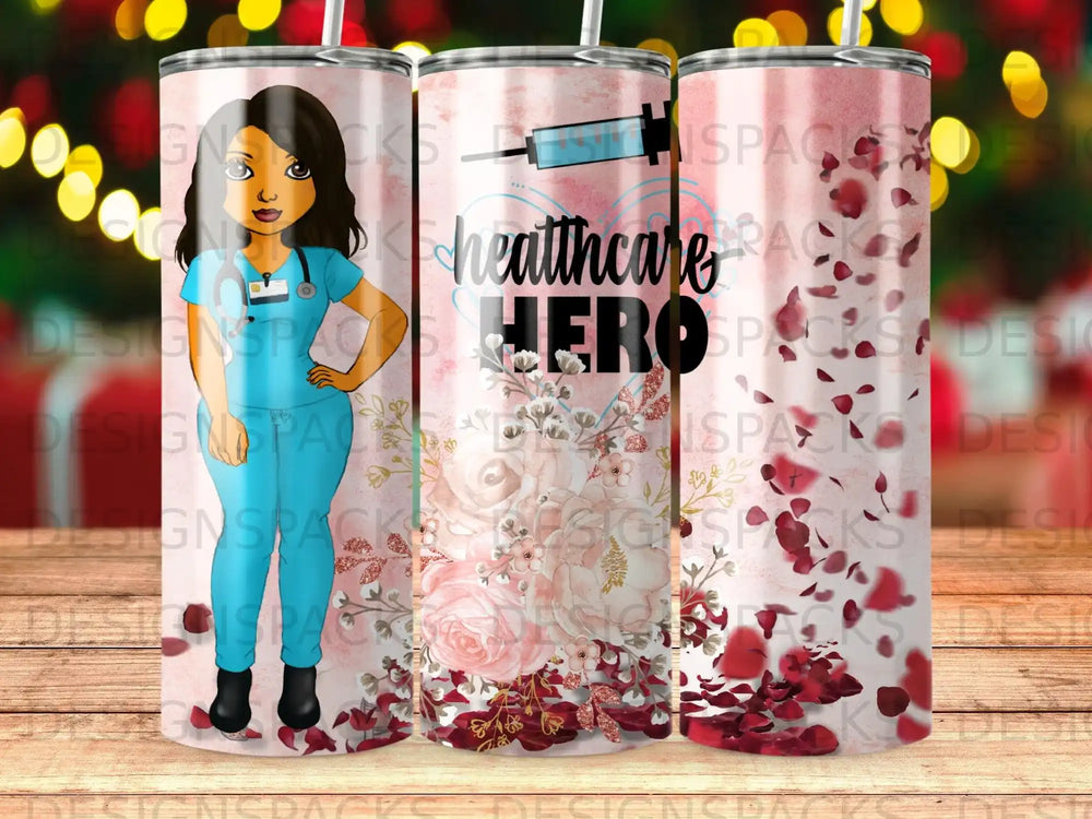 Healthcare Hero tumbler with syringe, nurse, and floral design.