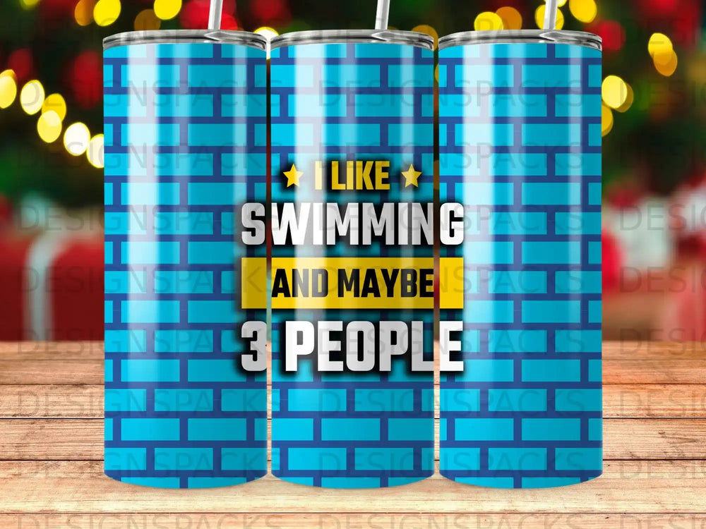 Tumbler with "I Like Swimming and Maybe 3 People" text on blue plaid.