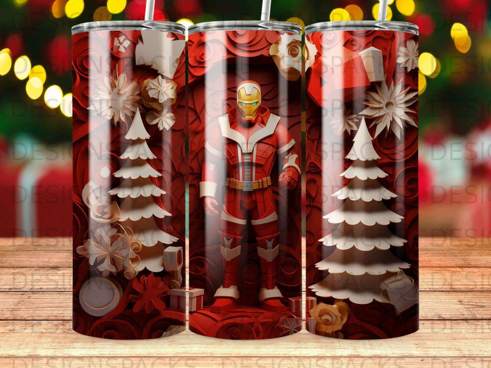 Iron Man in a red suit stands between two decorated Christmas trees.