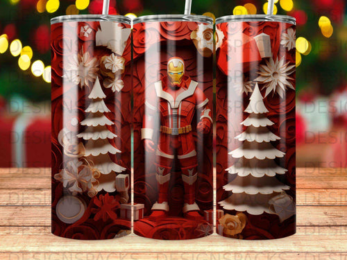 Iron Man in a red suit stands between two decorated Christmas trees.
