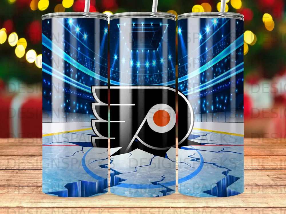 Philadelphia Flyers logo cracked on ice in hockey arena.