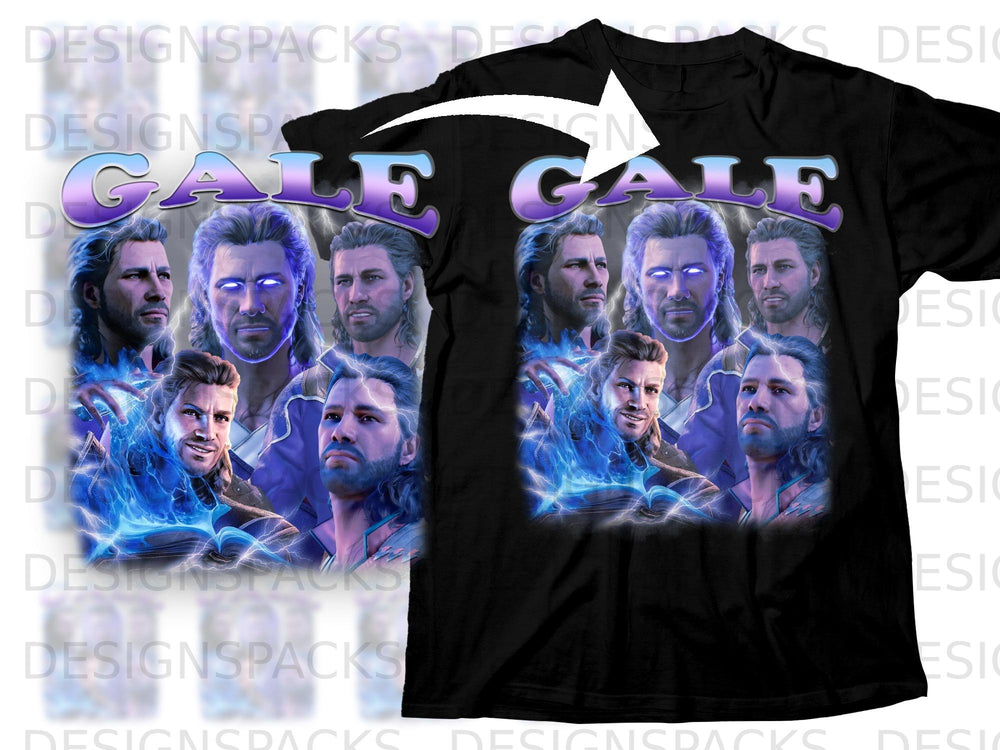 Black t-shirt with multiple portraits of a man with blue lightning and "GALE GALE" text.